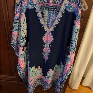 Lilly Pulitzer Navy Blue Multicolor Tropical Print Silk Dress